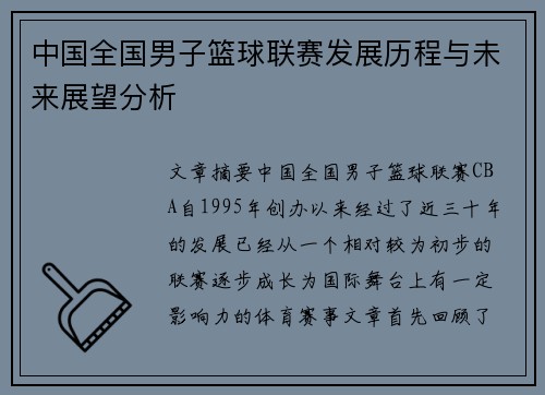 中国全国男子篮球联赛发展历程与未来展望分析